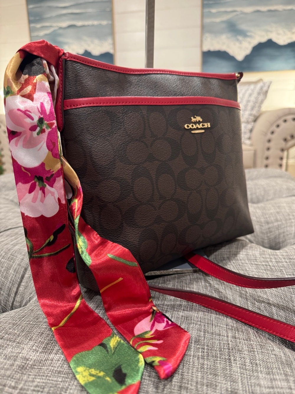 Coach File Messenger Brown Red Signature Crossbody - Picture 3 of 17
